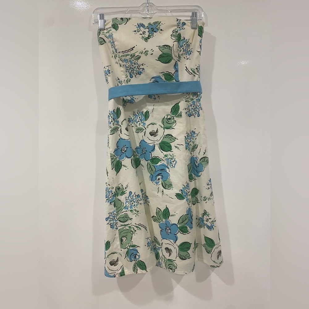 Beautiful floral printed tube top mini dress in cream blue and green